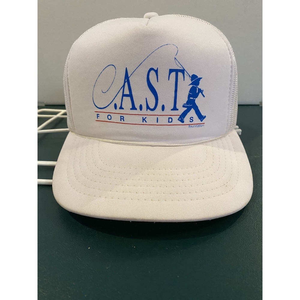 CAST for Kids Trucker Hat White Mesh Snapback Yupoong Fishing Charity‎ Vintage